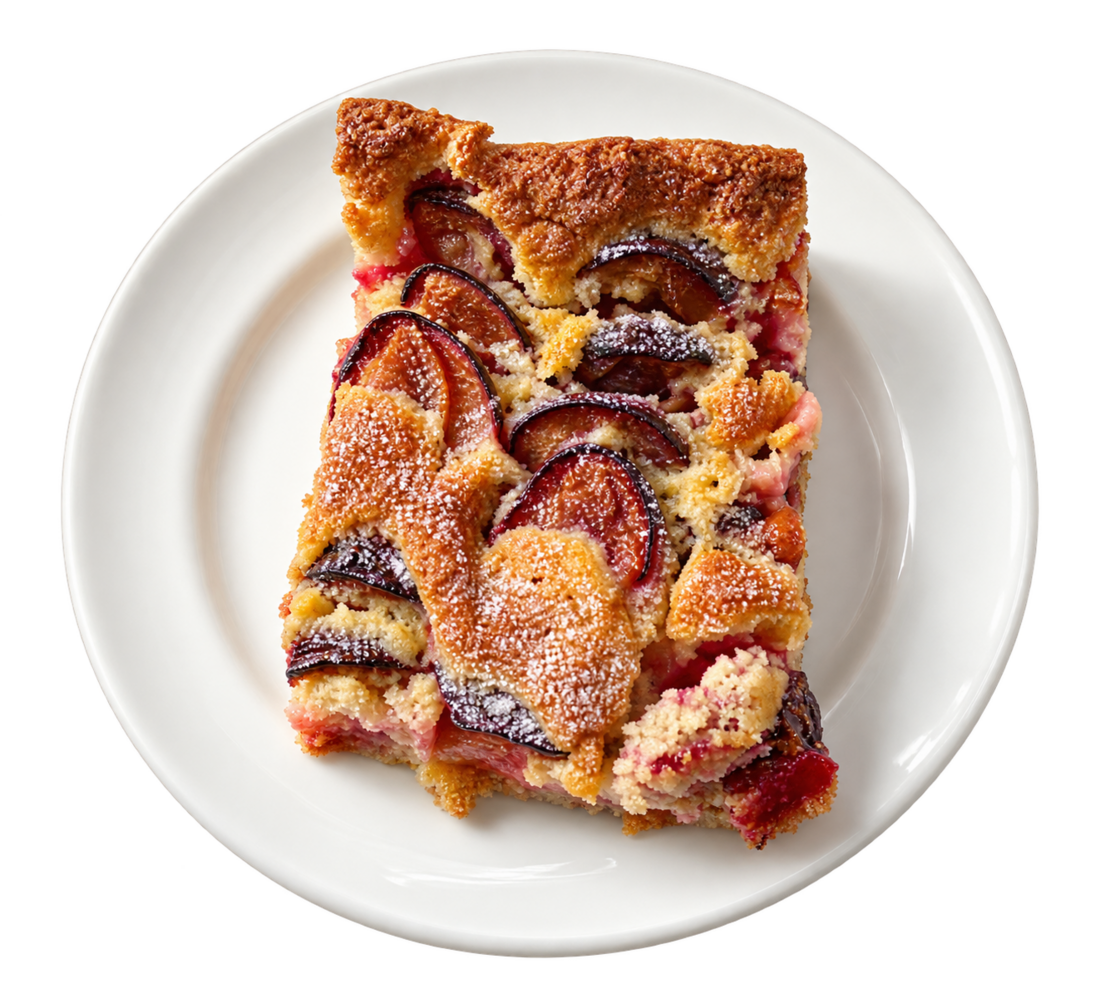 Pflaumenkuchen auf einem weißen Teller